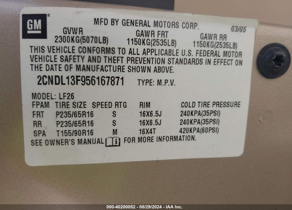 2005 CHEVROLET EQUINOX LS VIN: 2CNDL13F956167871