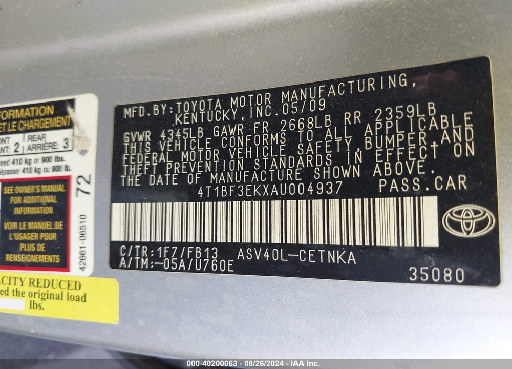 2010 TOYOTA CAMRY VIN: 4T1BF3EKXAU004937