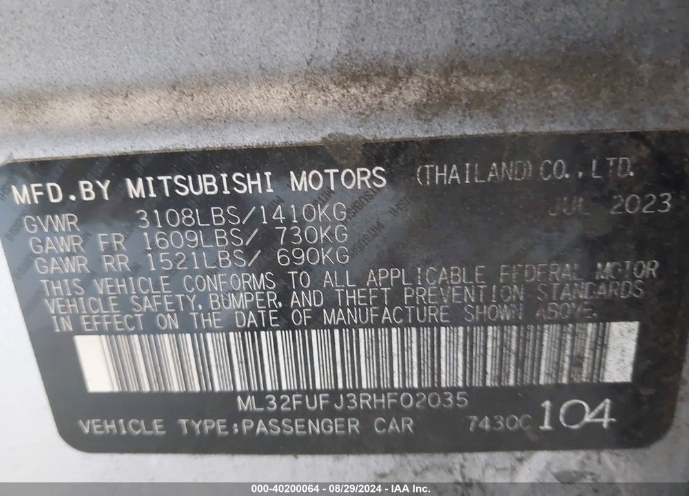 2024 MITSUBISHI MIRAGE G4 ES VIN: ML32FUFJ3RHF02035