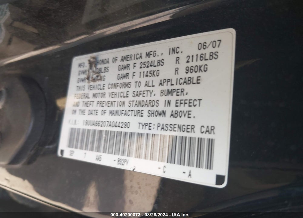 2007 ACURA TL 3.2 VIN: 19UUA66207A044290