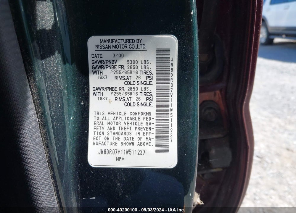 2001 NISSAN PATHFINDER VIN: JN8DR07Y11W511237
