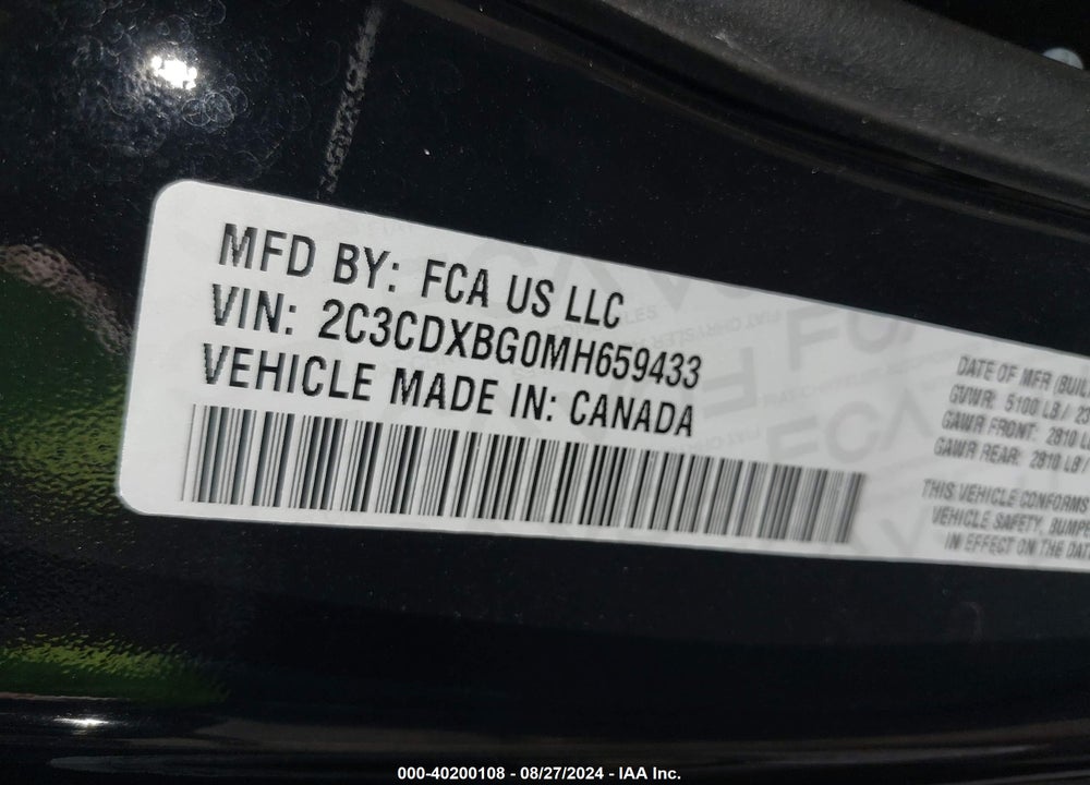 2021 DODGE CHARGER SXT RWD VIN: 2C3CDXBG0MH659433