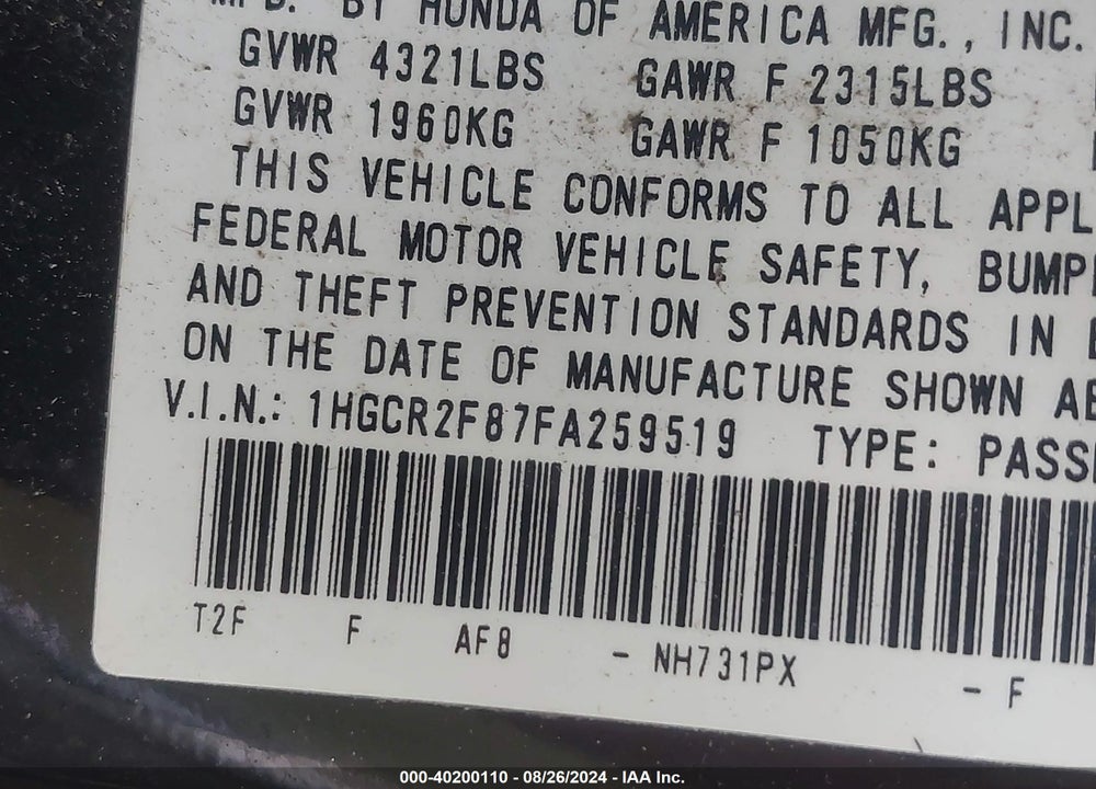 2015 HONDA ACCORD EX-L VIN: 1HGCR2F87FA259519