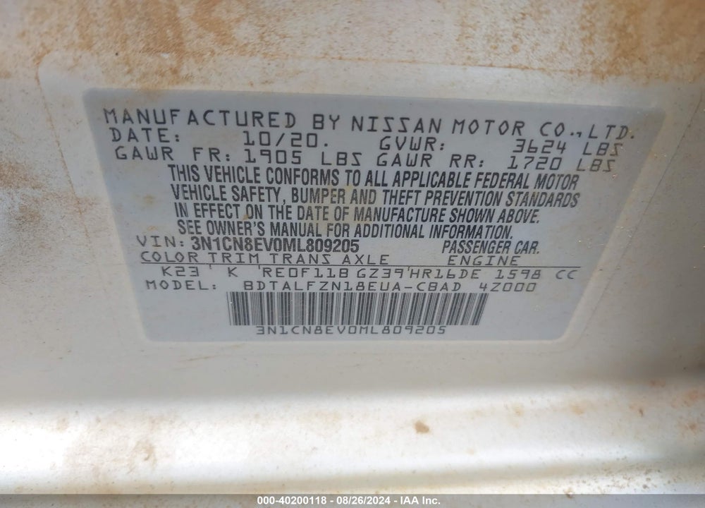 2021 NISSAN VERSA SV XTRONIC CVT VIN: 3N1CN8EV0ML809205