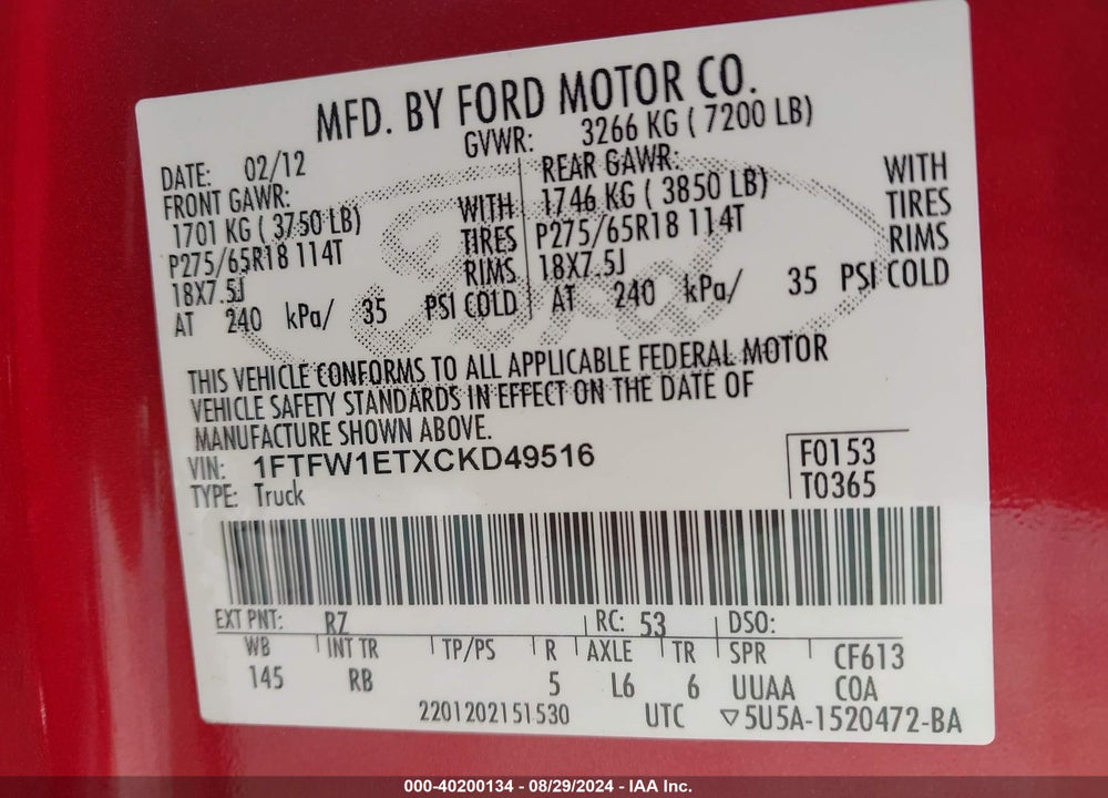 2012 FORD F-150 FX4 VIN: 1FTFW1ETXCKD49516