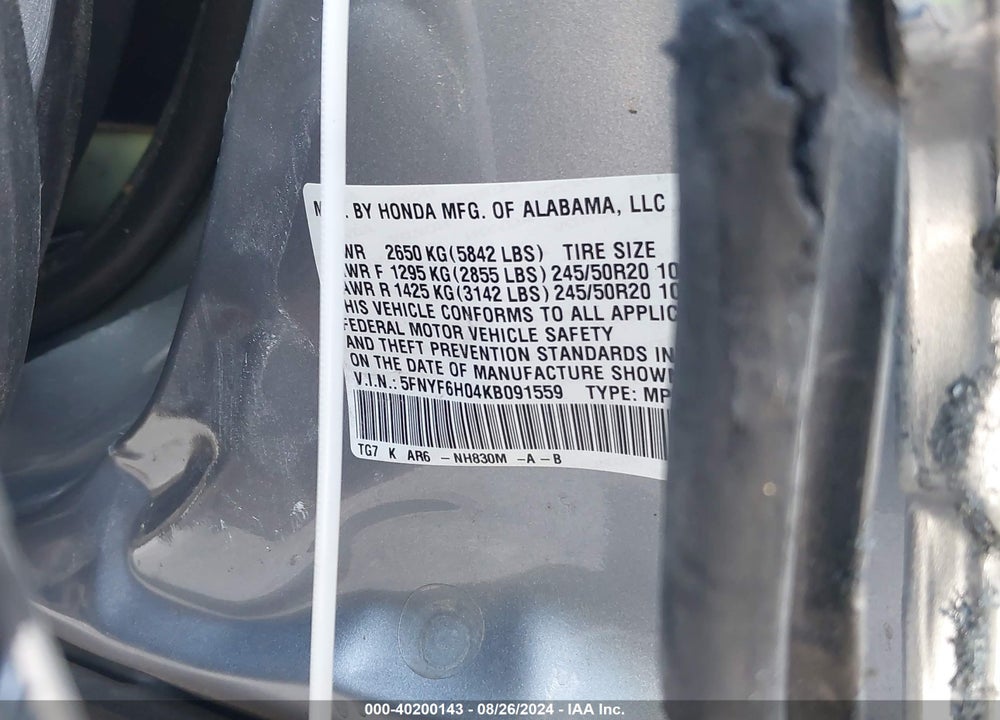 2019 HONDA PILOT ELITE VIN: 5FNYF6H04KB091559