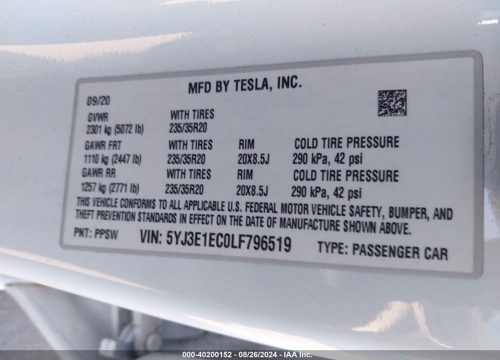 2020 TESLA MODEL 3 PERFORMANCE DUAL MOTOR ALL-WHEEL DRIVE VIN: 5YJ3E1EC0LF796519