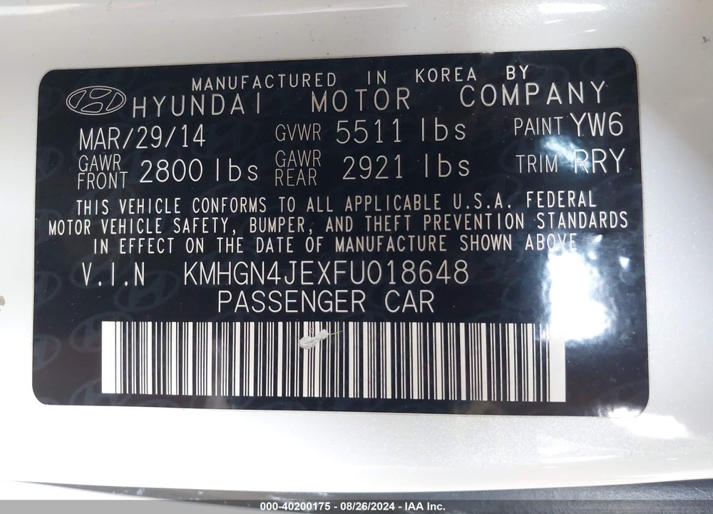 2015 HYUNDAI GENESIS 3.8 VIN: KMHGN4JEXFU018648
