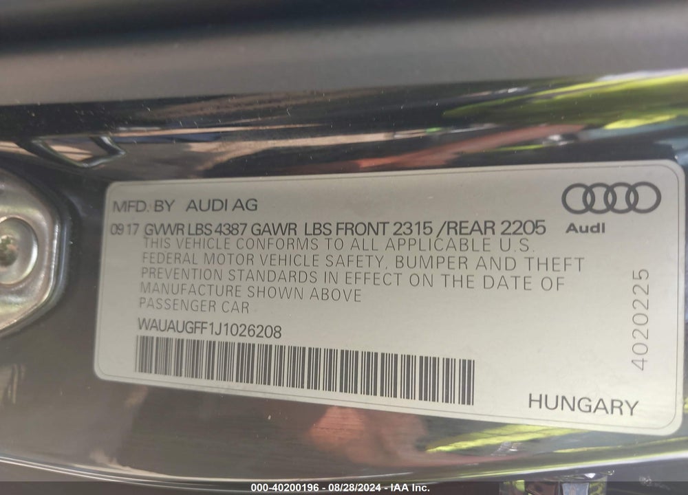 2018 AUDI A3 VIN: WAUAUGFF1J1026208