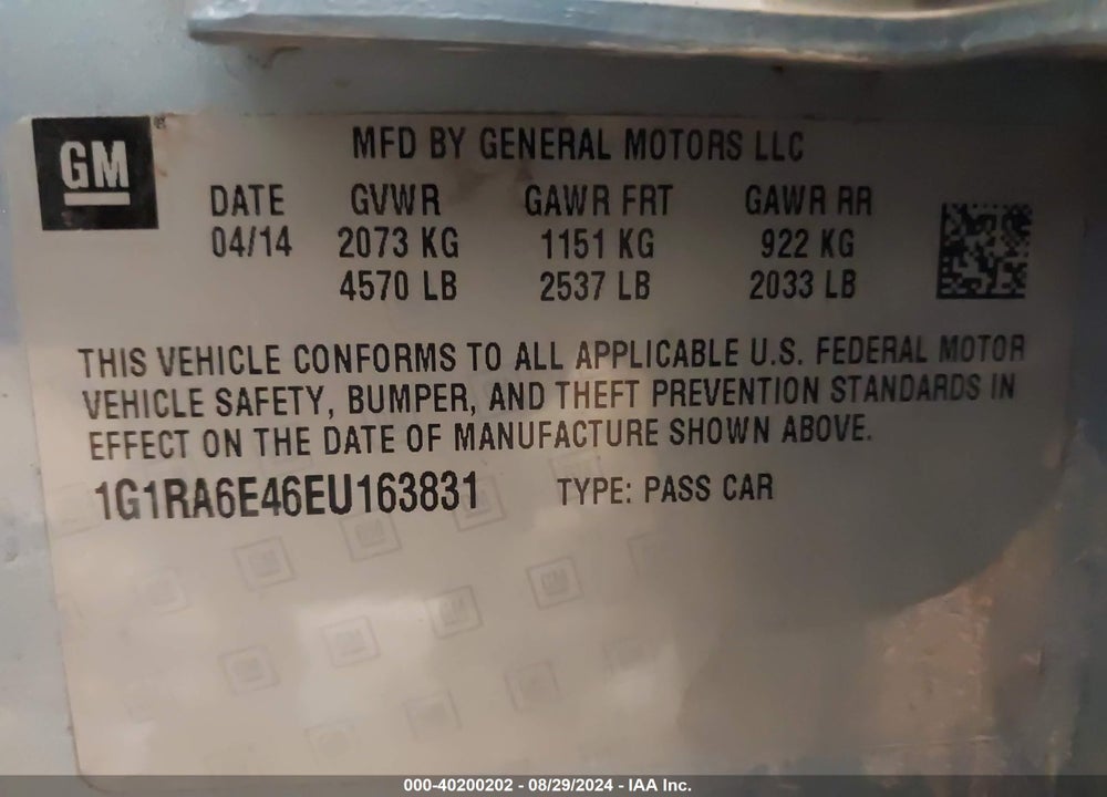 2014 CHEVROLET VOLT VIN: 1G1RA6E46EU163831