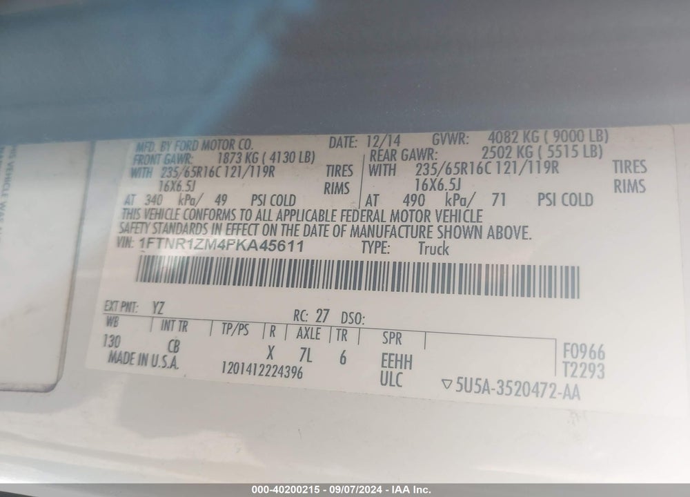 2015 FORD TRANSIT-250 VIN: 1FTNR1ZM4FKA45611