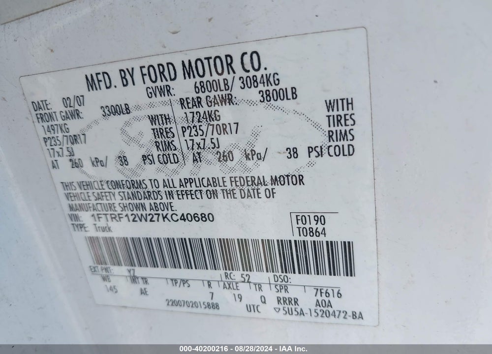 2007 FORD F-150 STX/XL/XLT VIN: 1FTRF12W27KC40680