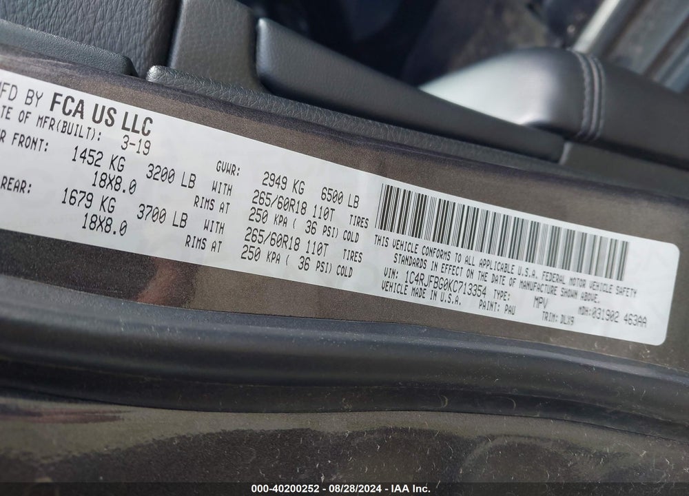 2019 JEEP GRAND CHEROKEE LIMITED 4X4 VIN: 1C4RJFBG0KC713354