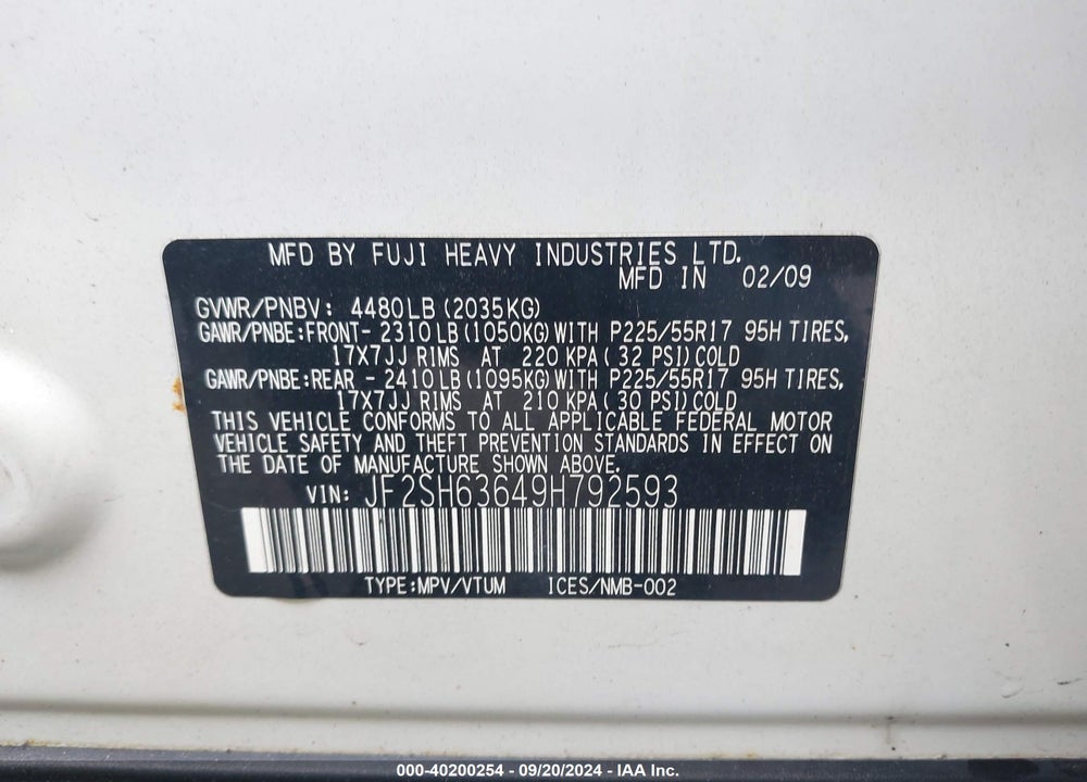 2009 SUBARU FORESTER 2.5X VIN: JF2SH63649H792593