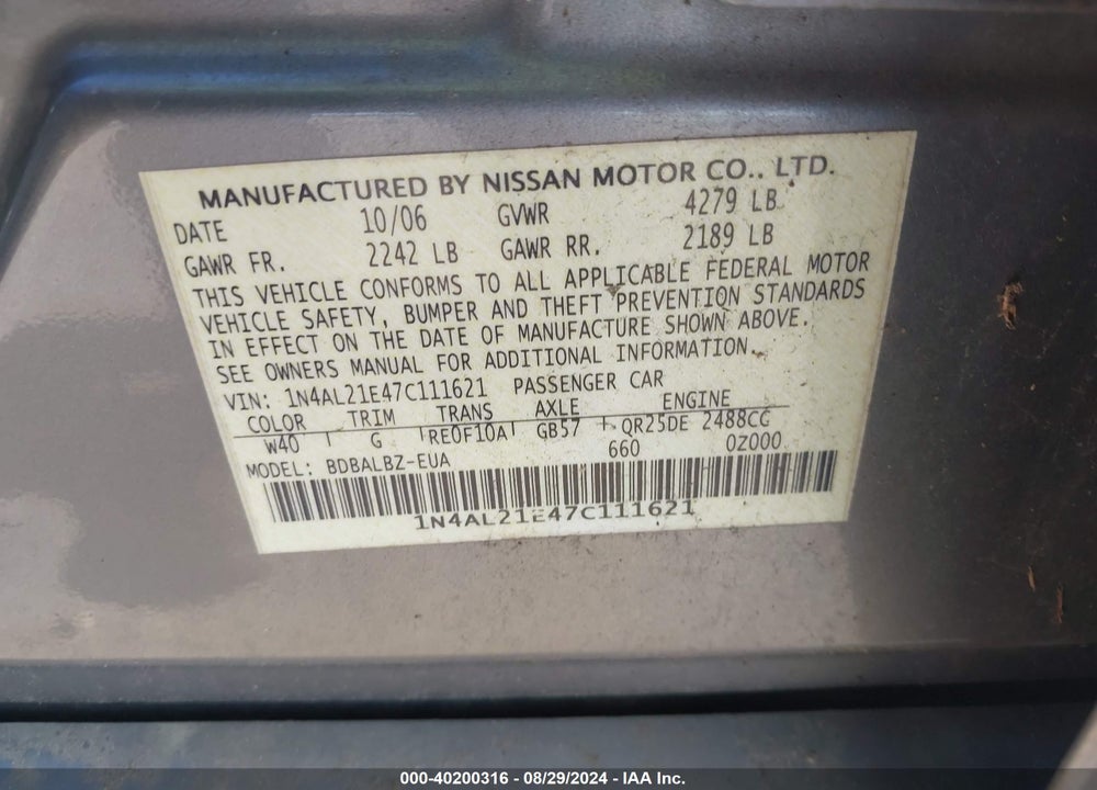 2007 NISSAN ALTIMA 2.5 S VIN: 1N4AL21E47C111621
