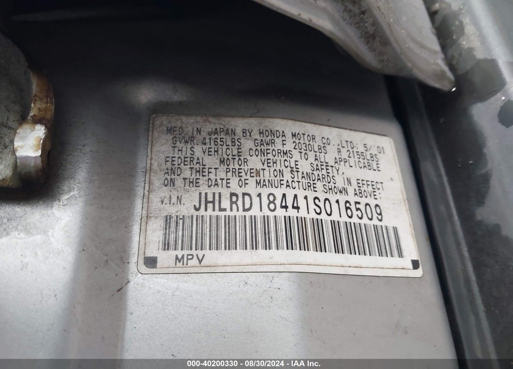 2001 HONDA CR-V VIN: JHLRD18441S016509