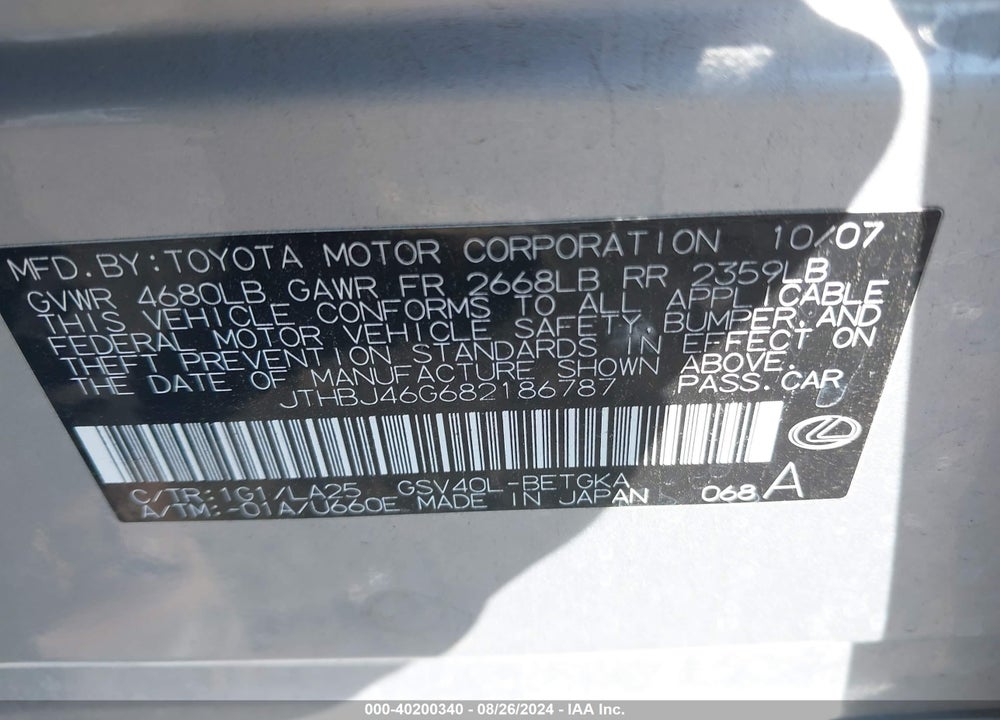 2008 LEXUS ES 350 VIN: JTHBJ46G682186787