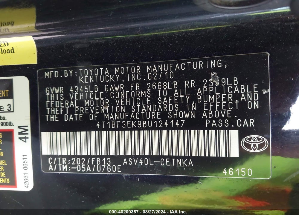 2011 TOYOTA CAMRY LE VIN: 4T1BF3EK9BU124147
