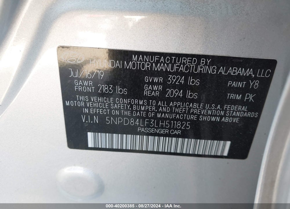 2020 HYUNDAI ELANTRA SEL VIN: 5NPD84LF3LH511825