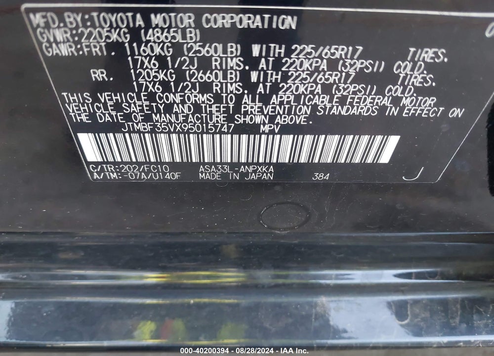 2009 TOYOTA RAV4 VIN: JTMBF35VX95015747