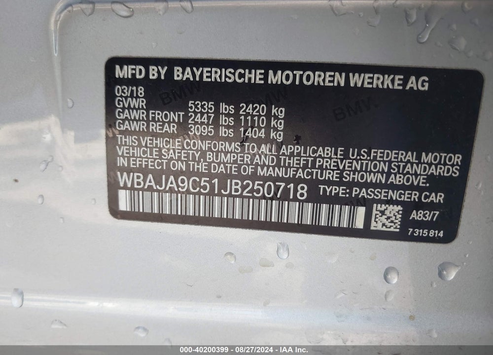 2018 BMW 530E IPERFORMANCE VIN: WBAJA9C51JB250718