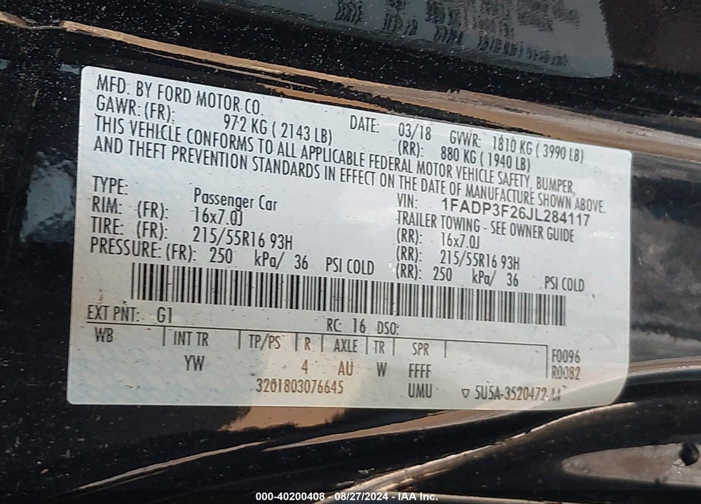 2018 FORD FOCUS VIN: 1FADP3F26JL284117