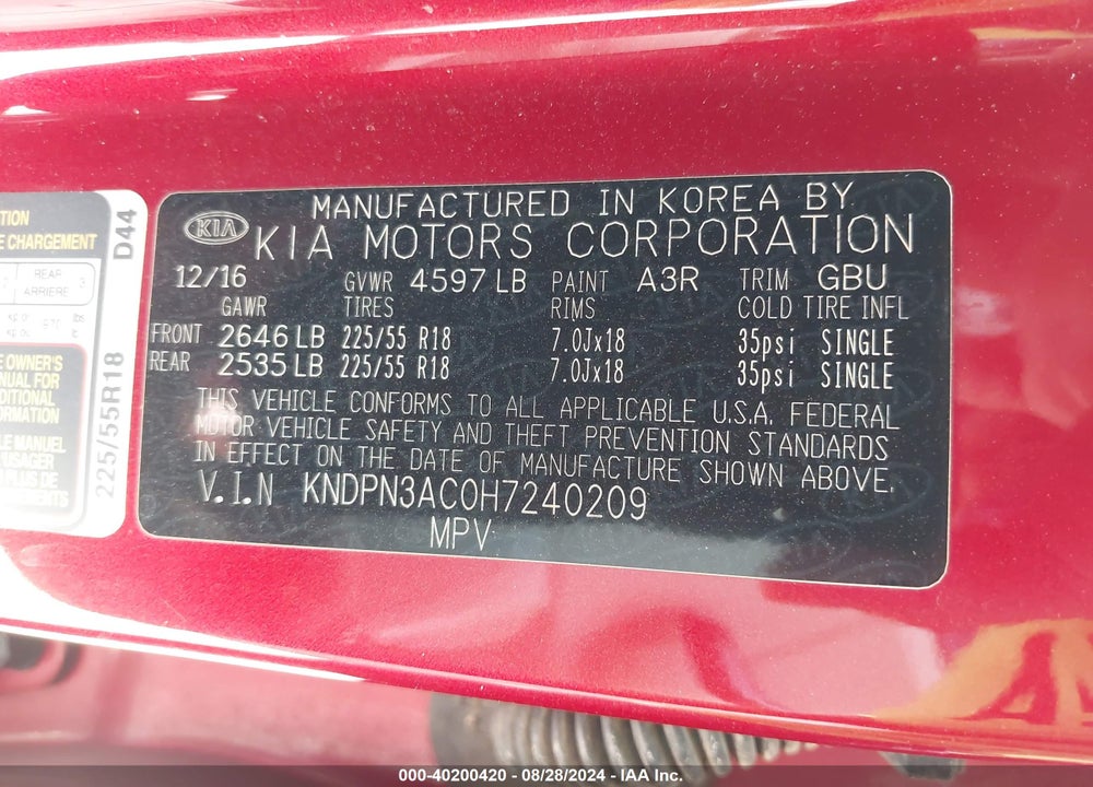 2017 KIA SPORTAGE EX VIN: KNDPN3AC0H7240209