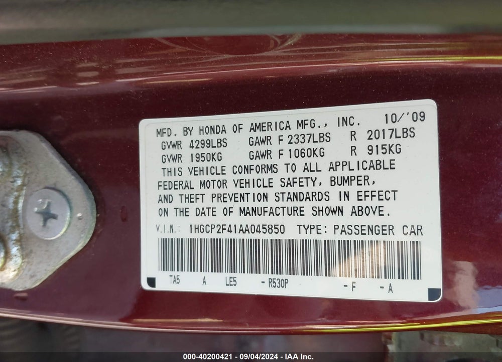 2010 HONDA ACCORD 2.4 LX-P VIN: 1HGCP2F41AA045850