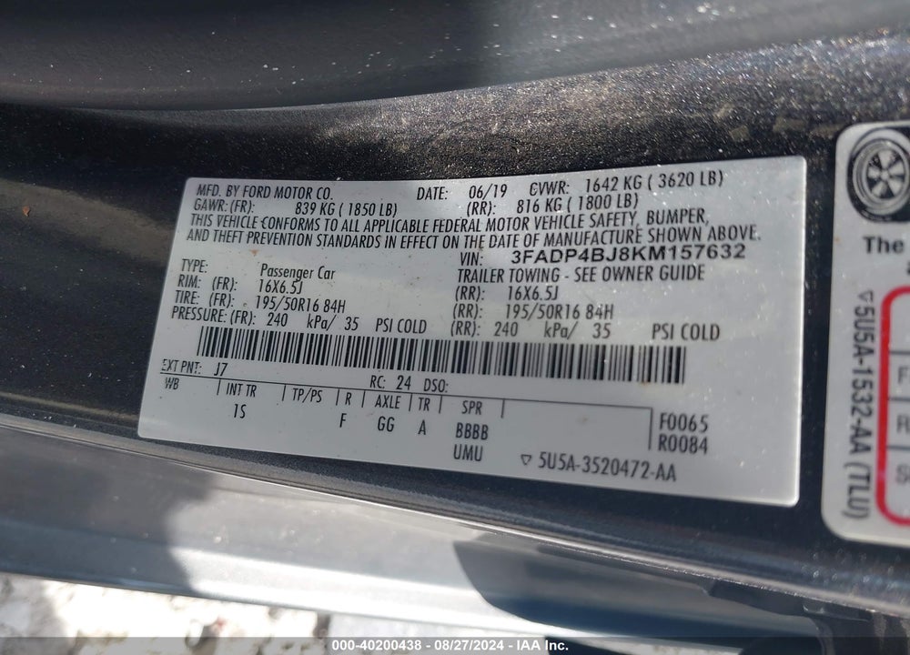 2019 FORD FIESTA SE VIN: 3FADP4BJ8KM157632