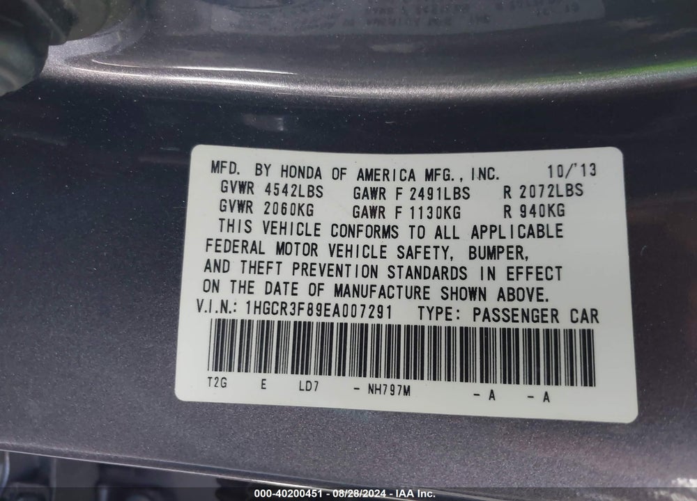 2014 HONDA ACCORD VIN: 1HGCR3F89EA007291