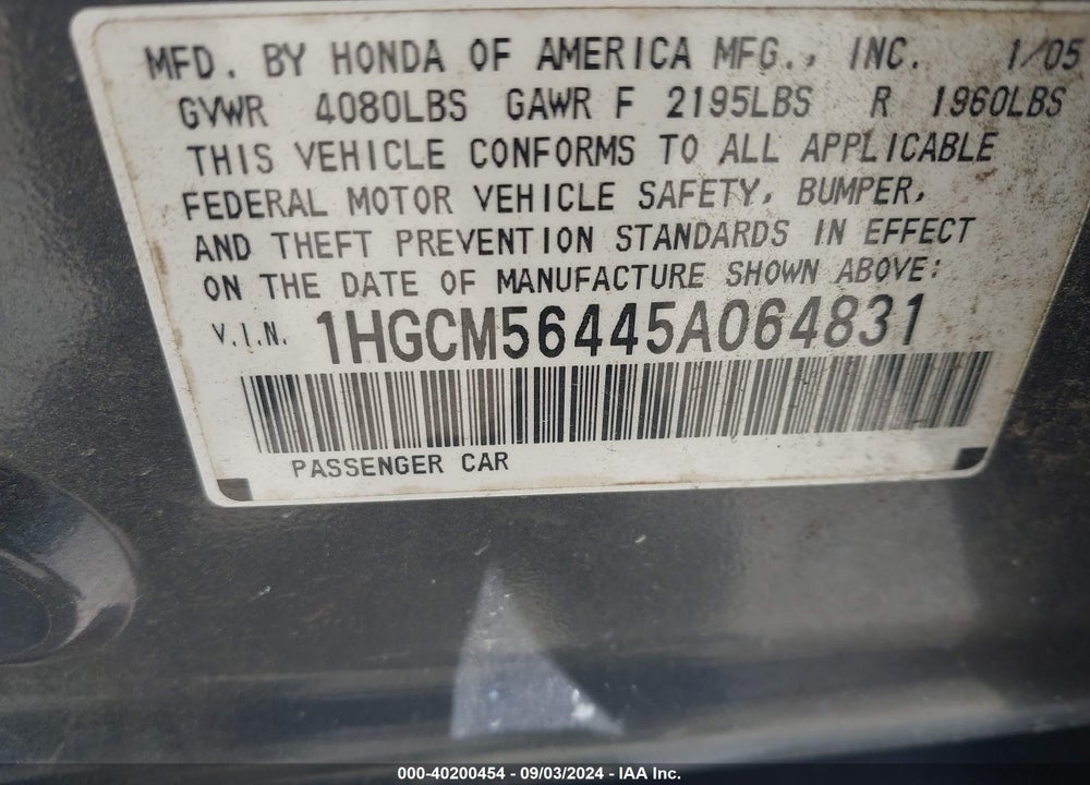 2005 HONDA ACCORD 2.4 LX VIN: 1HGCM56445A064831