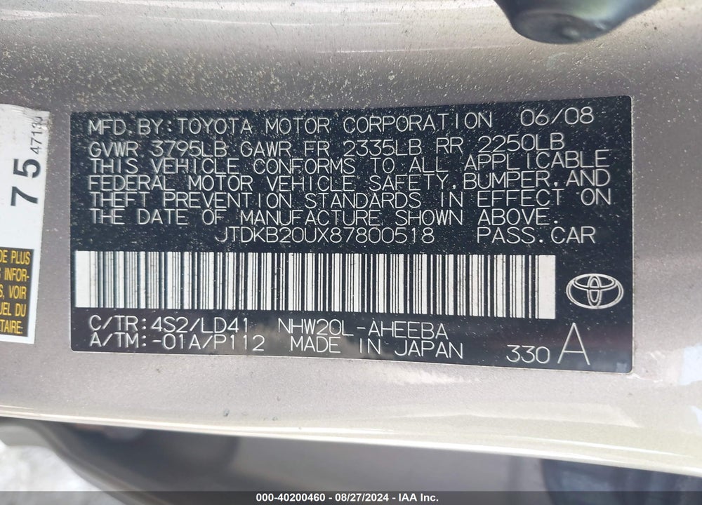 2008 TOYOTA PRIUS VIN: JTDKB20UX87800518