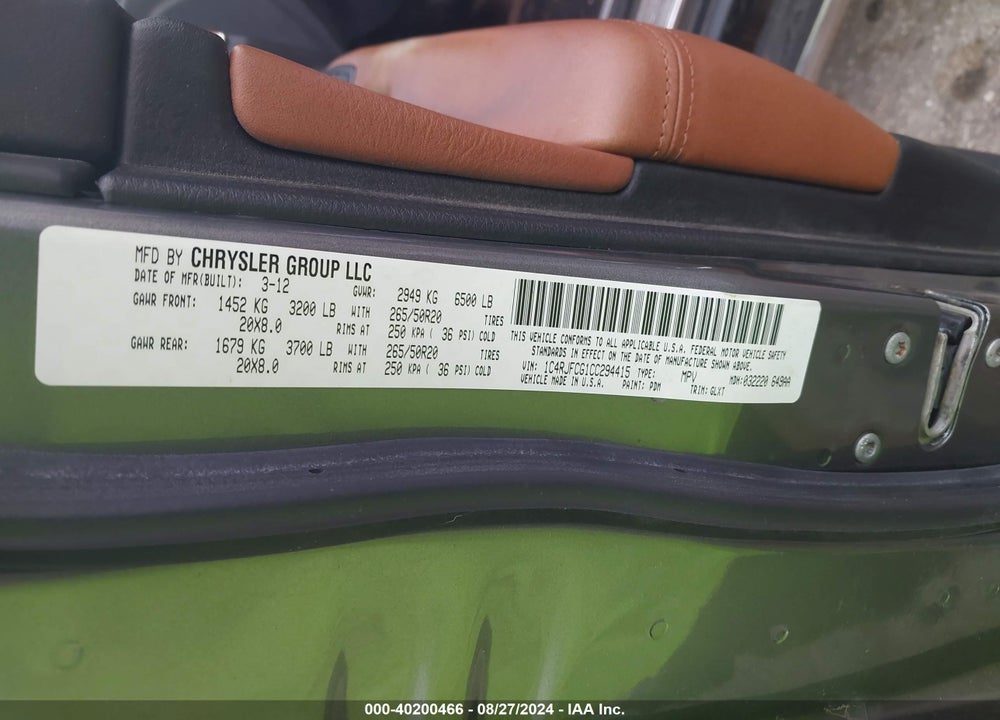 2012 JEEP GRAND CHEROKEE OVERLAND VIN: 1C4RJFCG1CC294415