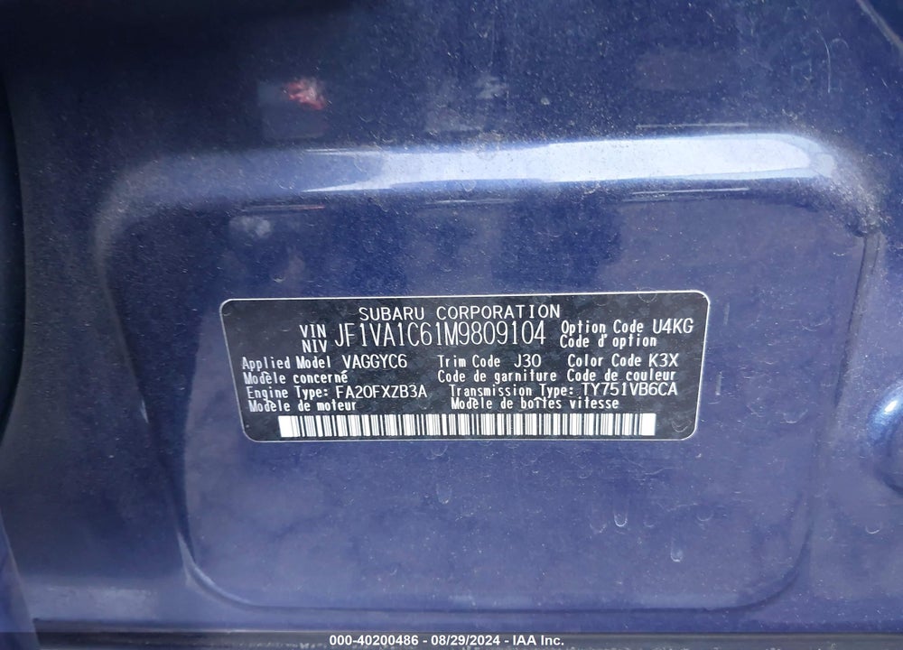 2021 SUBARU WRX PREMIUM VIN: JF1VA1C61M9809104