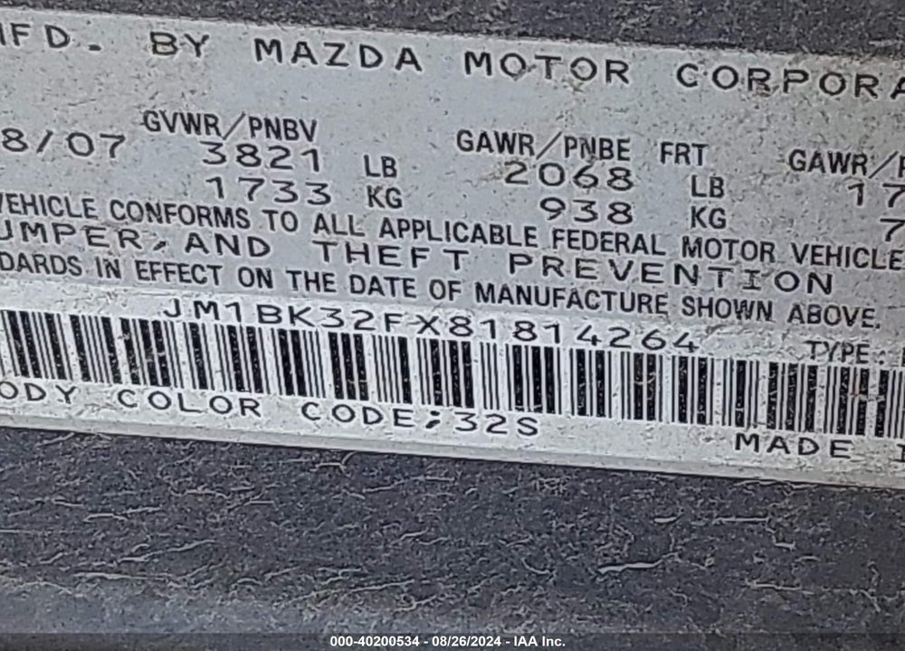 2008 MAZDA 3 I VIN: JM1BK32FX81814264