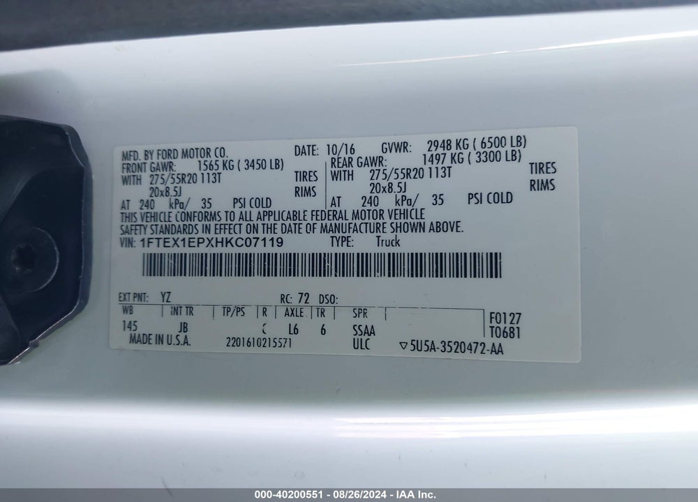 2017 FORD F-150 XLT VIN: 1FTEX1EPXHKC07119
