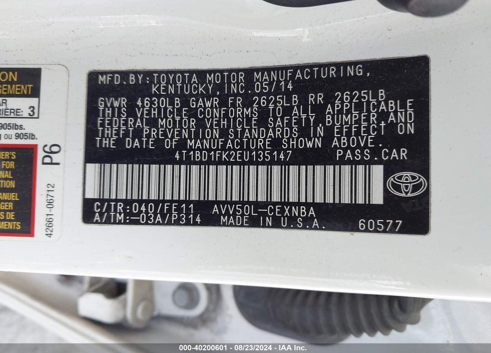 2014 TOYOTA CAMRY HYBRID LE/SE LIMITED EDITION/XLE VIN: 4T1BD1FK2EU135147