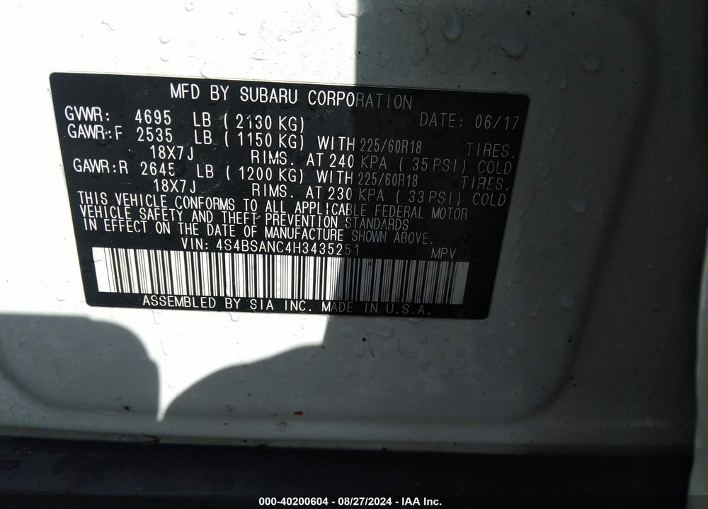 2017 SUBARU OUTBACK 2.5I LIMITED VIN: 4S4BSANC4H3435251