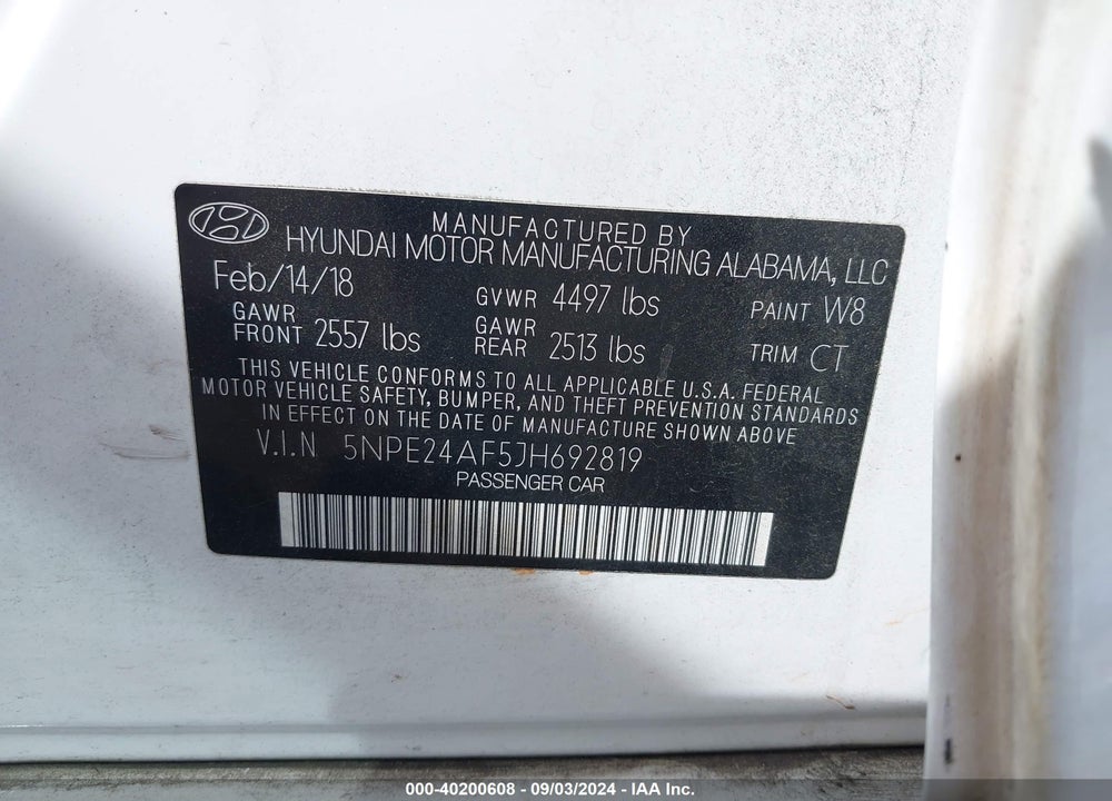 2018 HYUNDAI SONATA VIN: 5NPE24AF5JH692819