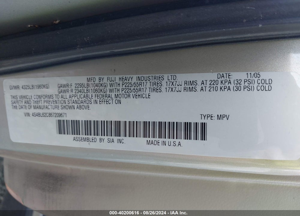 2006 SUBARU LEGACY 2.5I/2.5I LIMITED VIN: 4S4BL62C867209671
