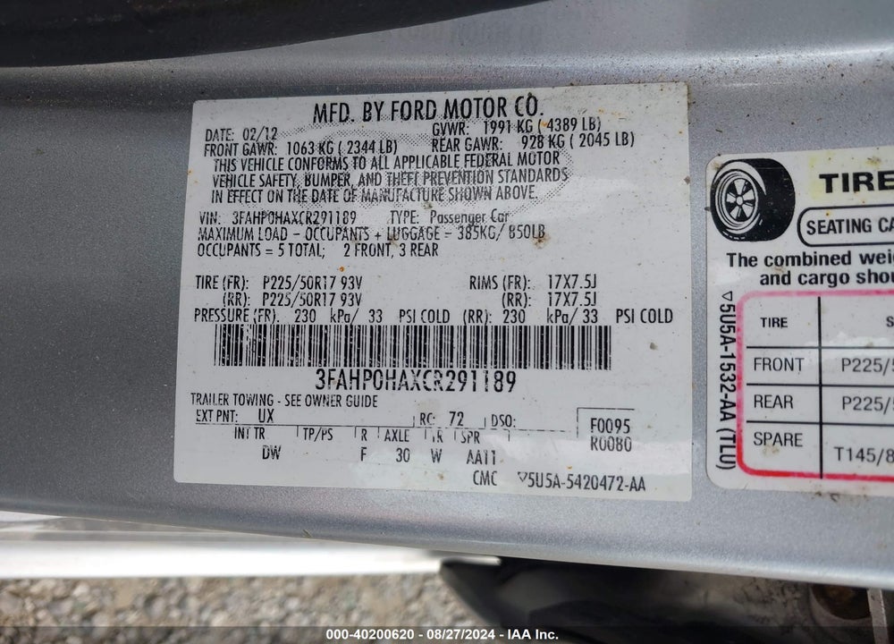 2012 FORD FUSION SE VIN: 3FAHP0HAXCR291189