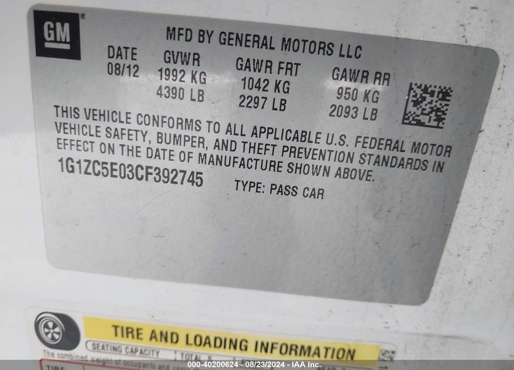 2012 CHEVROLET MALIBU 1LT VIN: 1G1ZC5E03CF392745