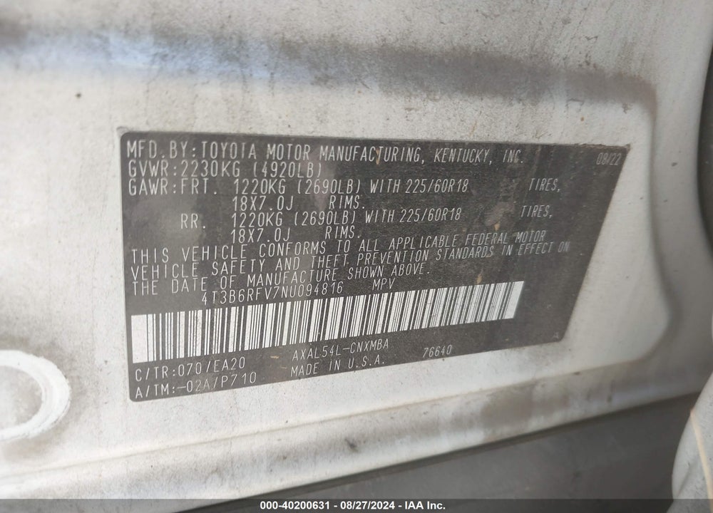 2022 TOYOTA RAV4 HYBRID XLE PREMIUM VIN: 4T3B6RFV7NU094816
