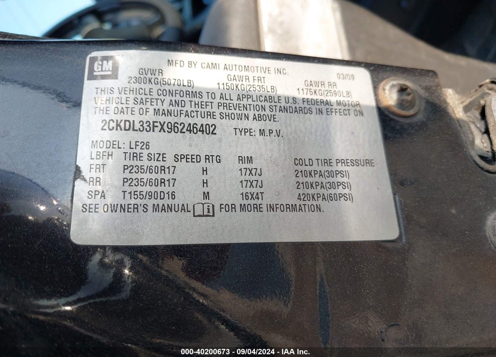 2009 PONTIAC TORRENT VIN: 2CKDL33FX96246402