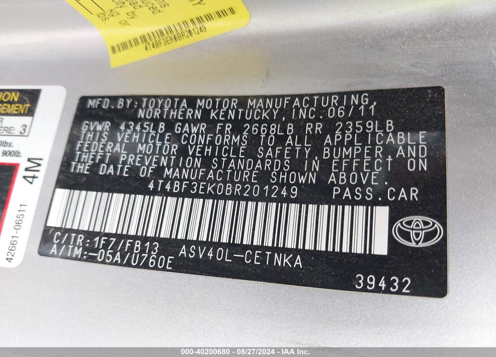 2011 TOYOTA CAMRY LE VIN: 4T4BF3EK0BR201249