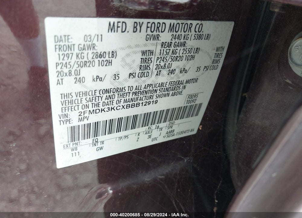 2011 FORD EDGE LIMITED VIN: 2FMDK3KCXBBB12919