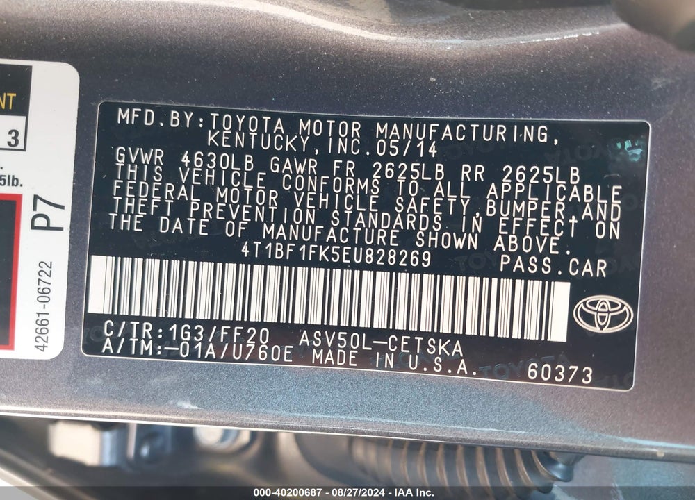 2014 TOYOTA CAMRY SE VIN: 4T1BF1FK5EU828269