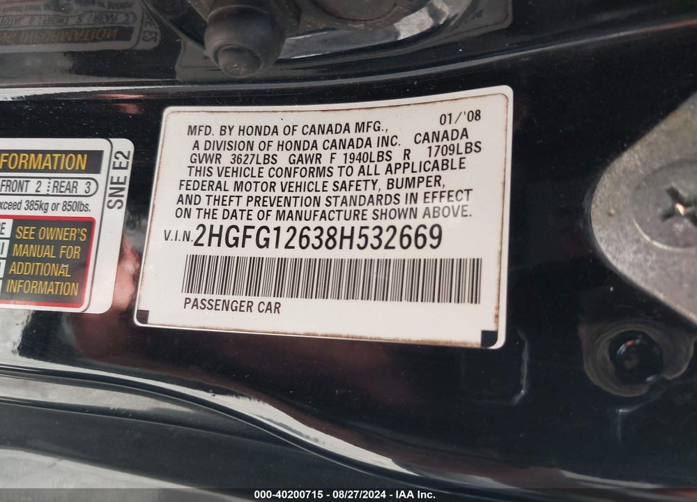 2008 HONDA CIVIC VIN: 2HGFG12638H532669
