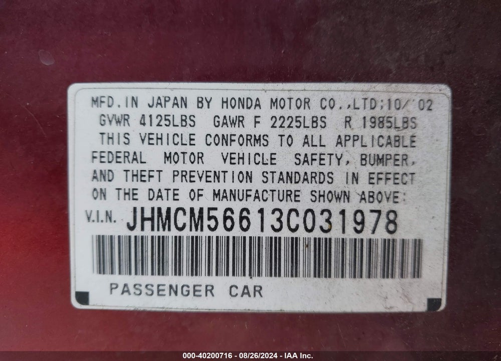 2003 HONDA ACCORD 2.4 EX VIN: JHMCM56613C031978