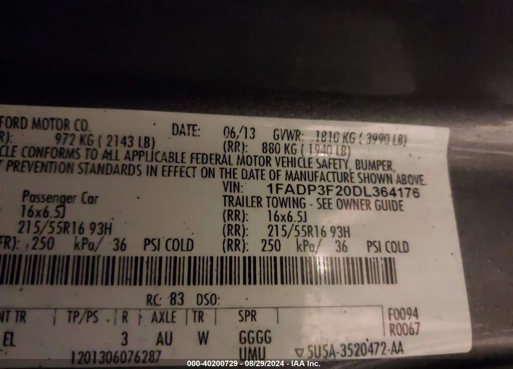 2013 FORD FOCUS SE VIN: 1FADP3F20DL364176
